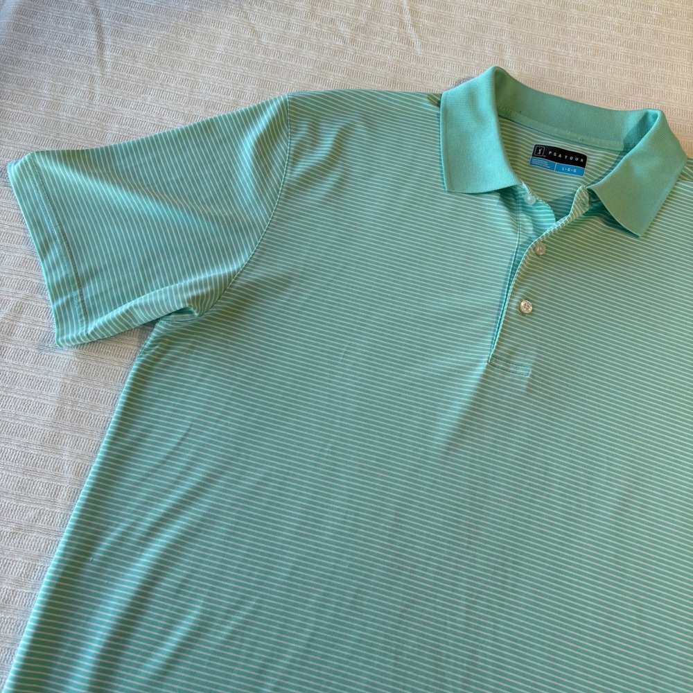 PGA Tour Mens Large Mint Green Striped Short Sleeve Golf Polo Performance Shirt